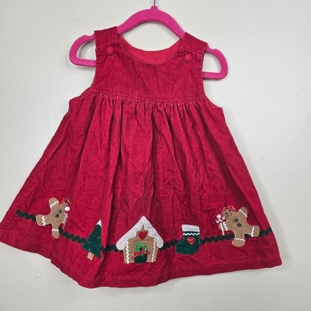 Christmas red corduroy jumper dress gingerbread men & gingerbread house 18m